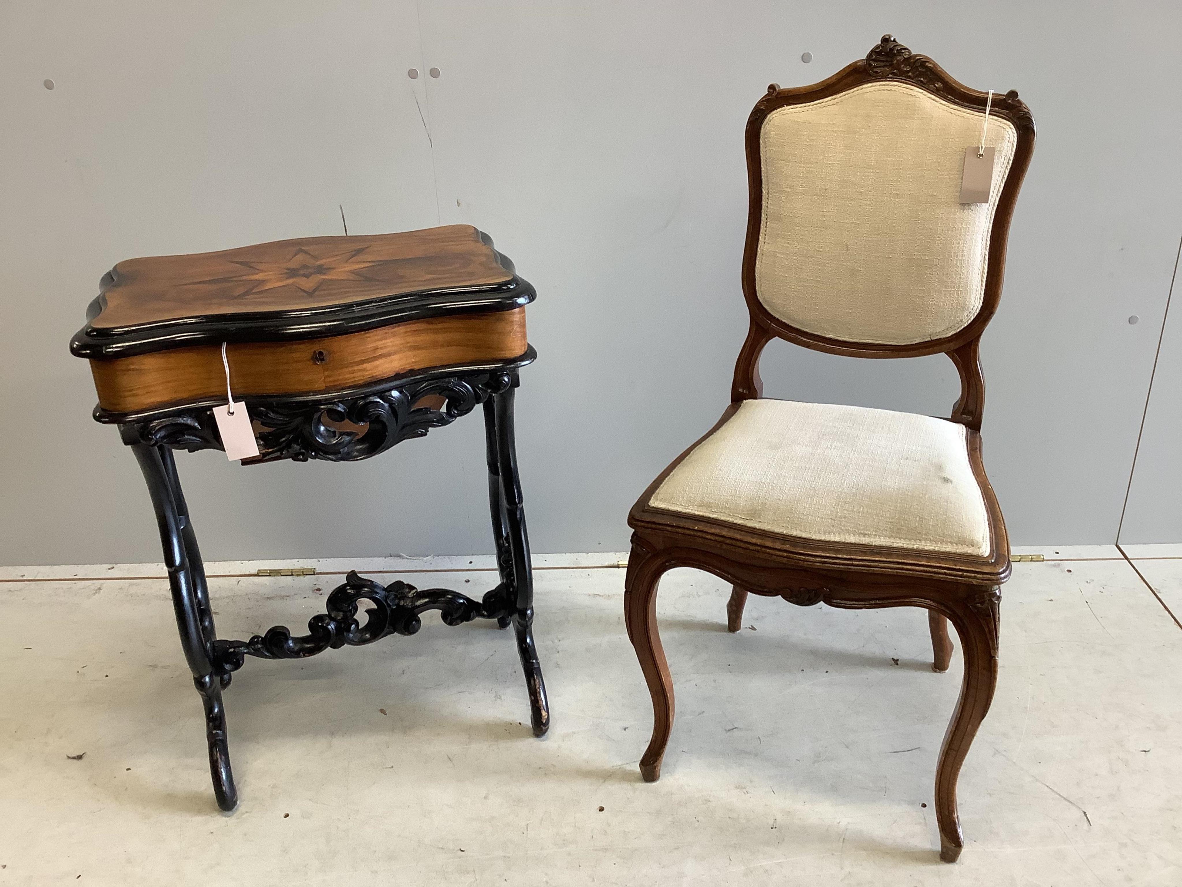 A 19th century French parquetry inlaid ebonsied walnut work table, width 53cm, depth 39cm, height 71cm together with a French walnut side chair. Condition - fair to good